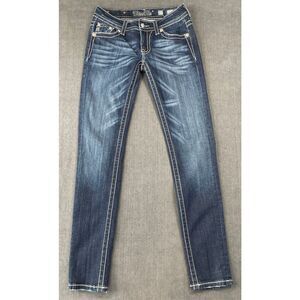 Miss Me Jeans Womens 27 Blue Skinny Fleur De Lis Embroidered Pockets Stretch